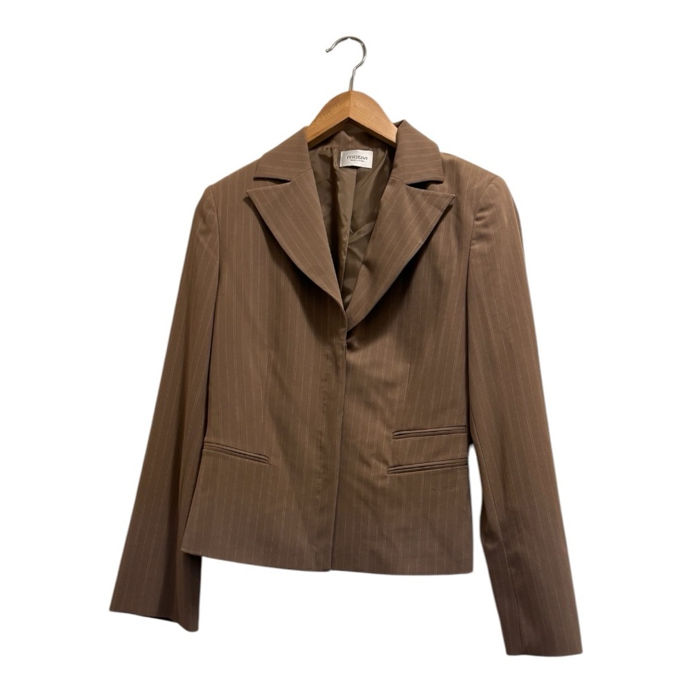 Motivi Tg44 Short Pinstripe Long Sleeve Jacket - Lapel Collar  W 8 M Tan/White